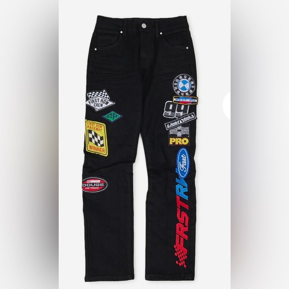 NWT FIRST ROW Black Kids Racing Denim Jeans, Style FRBD2227S, Sizes S,M and L